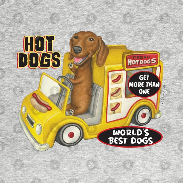 fun cute awesome Doxie Dachshund in Yellow Hotdog Truck by Danny Gordon Art